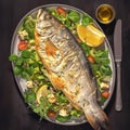 Baked sea bass with green salad, keto friendly, top view Royalty Free Stock Photo