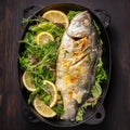 Baked sea bass with green salad, keto friendly, top view Royalty Free Stock Photo