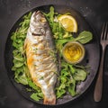 Baked sea bass with green salad, keto friendly, top view Royalty Free Stock Photo