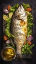 Baked sea bass with green salad, keto friendly, top view Royalty Free Stock Photo