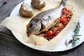 Baked sea bream served with vegetables, on a plate, close-up, selective focus. Roasted fish on a parchment paper. Royalty Free Stock Photo