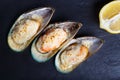 Baked shellfish mussels with slice of lemon on black stone table