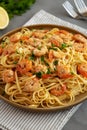 Baked Shrimp Scampi Linguine Pasta with Parsley on a Plate, side view
