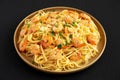 Baked Shrimp Scampi Linguine Pasta with Parsley on a Plate, side view