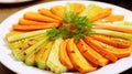 Baked slices celery vegetable with onion as appetizer meze dish serving, Celery. generative ai
