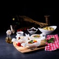 A baked small dumplings with zucchini tomatoes and diced sheep`s cheese Royalty Free Stock Photo