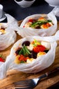 A baked small dumplings with zucchini tomatoes and diced sheep`s cheese Royalty Free Stock Photo
