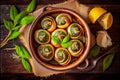 Baked snails with garlic top view. Generative AI, Generative, AI Royalty Free Stock Photo