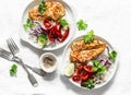 Baked spicy chicken breast with sweet pepper and rice -  delicious mexican style lunch on a light background, top view. Fajitas Royalty Free Stock Photo