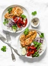 Baked spicy chicken breast with sweet pepper and rice -  delicious mexican style lunch on a light background, top view. Fajitas Royalty Free Stock Photo