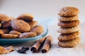 Baked spicy ginger bread sweet cookies with cloves and cinnamon sticks in stack Royalty Free Stock Photo