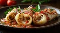 Baked squid stuffed calamari. Generative AI Royalty Free Stock Photo