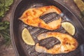 Baked steak trout fish in cast-iron form, around greens, leaves, lettuce, lemon, olive oil, pepper, condiments. From above, close Royalty Free Stock Photo