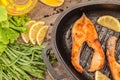 Baked steak trout fish in cast-iron form, around greens, leaves, lettuce, lemon, olive oil, pepper, condiments. From above, close Royalty Free Stock Photo