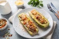 Baked stuffed zucchini boats with minced chicken mushrooms and vegetables with cheese on a plate Royalty Free Stock Photo