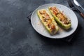 Baked stuffed zucchini boats with minced chicken mushrooms and vegetables with cheese on a plate. Copy space Royalty Free Stock Photo