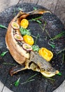 Baked sturgeon fish with rosemary, lemon and passion fruit on plate on wooden background close up Royalty Free Stock Photo