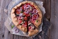 Baked Summer Vegetable open pie or Galette with Tomato, Aubergine, Garlic and cheese.