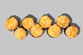 Baked sushi maki isolated on grey background. Sushi roll with scallop. Japanese food. Restaurant menu Royalty Free Stock Photo
