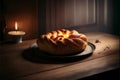 Baked sweet bun on a wooden table with a burning candle.