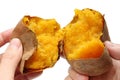 Baked sweet potato divided in half by hands