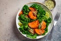 Baked sweet potato salad with kale in white bowl, dark background, top view. Vegan food concept Royalty Free Stock Photo