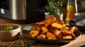 Baked sweet potato wedges with rosemary and thyme on plate Royalty Free Stock Photo