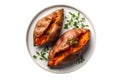 Baked Sweet Potatoes On White Plate, On White Background