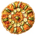 Baked tart with courgettes, peppers and tomatoes in flatlay perspective, isolated. Generative AI