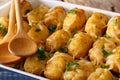 Baked Tater Tots with cheese and herbs close up in a dish baking