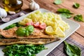 Baked trout fillet with mashed potatoes and steamed spinach Royalty Free Stock Photo