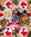 Christmas dinner. The Christmas table is served with a turkey, decorated with bright tinsel and candles Royalty Free Stock Photo