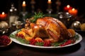 Baked turkey with red currants, decorated for family dinner, thanksgiving dinner