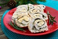 Baked turkey rolls with spinach, mozzarella on plate. Healthy tasty lunch. New Year and Christmas appetizer