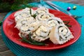 Baked turkey rolls with spinach, mozzarella on plate. Healthy tasty lunch. New Year and Christmas appetizer