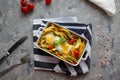 Baked vegetables with egg top view Royalty Free Stock Photo