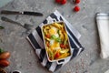 Baked vegetables with egg top view Royalty Free Stock Photo