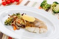 Baked White Fish Fillet Grill Vegetable Closeup