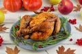 Baked whole chicken or turkey. Roasted homemade chicken with herbs. Thanksgiving day decoration Royalty Free Stock Photo