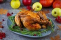 Baked whole chicken or turkey. Roasted homemade chicken with herbs. Thanksgiving day decoration Royalty Free Stock Photo