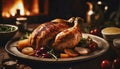 Baked whole chicken with vegetables close-up on plate on table. Delicious roasted poultry meat dinner Royalty Free Stock Photo