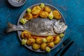 Baked whole dorado fish with baked vegetables, potatoes, Royalty Free Stock Photo