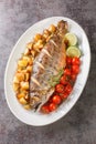 Baked whole fish arctic char served with fried potatoes, cherry tomatoes and lime close-up on a dish. Vertical top view