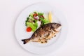 Baked whole fish grilled on a plate with vegetables and lemon Royalty Free Stock Photo