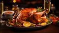Baked whole turkey duck or chicken with berries and oranges on a festive traditional served table Royalty Free Stock Photo