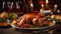 Baked whole turkey duck or chicken on a festive traditional served table with red wine and candles Royalty Free Stock Photo