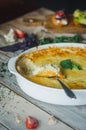 Baked zucchini and cheese soufle with garlic and herbs Royalty Free Stock Photo