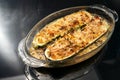 Baked zucchini filled with vegetables, feta cheese and parmesan in a glass casserole fresh from the oven, dark background with