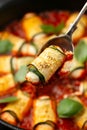 Baked zucchini rolls with ricotta, pecorino cheese in marinara sauce. Healthy food Royalty Free Stock Photo