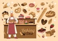Baker in bakery. Bread shop or cafe. Bake bun, muffin, cream, shop loaf, set pastry, business design food, icons kitchen